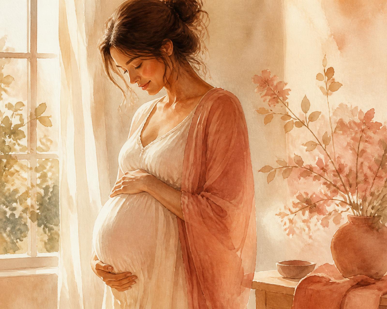 A pregnant woman gently holding her belly in warm light